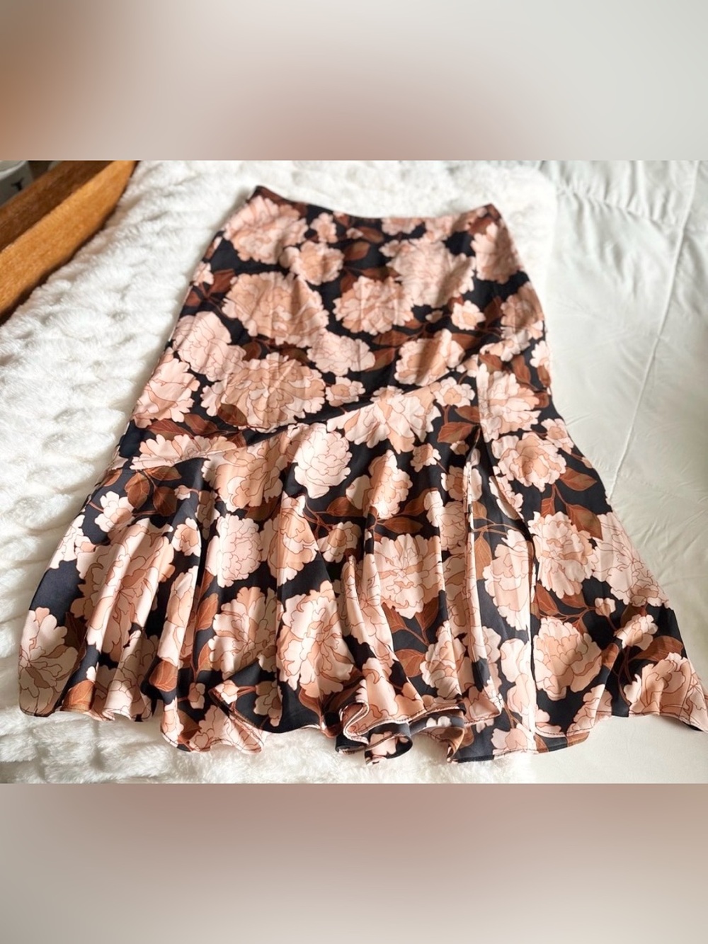 NWT Floral Midi Skirt Flowy Ruffle Hem Brown Blush A-Line
